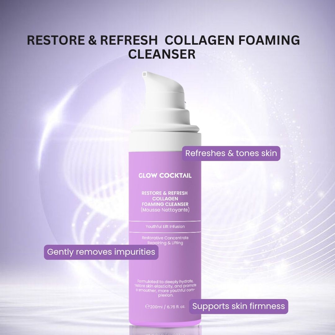 Flacone con erogatore bianco. Scritta: Glow Cocktail, Restore & Refresh Collagen Foaming Cleanser. Testo: Pulisce, rinfresca, supporta la pelle.