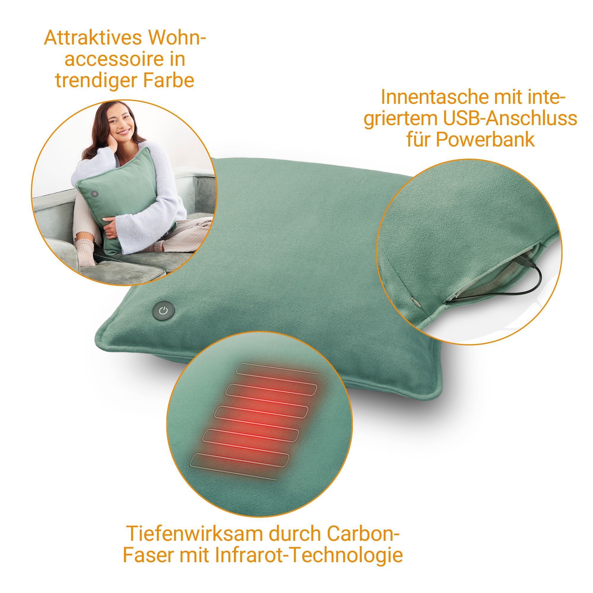 Cuscino riscaldante verde con porta USB, tecnologia a infrarossi ed esempi di utilizzo.