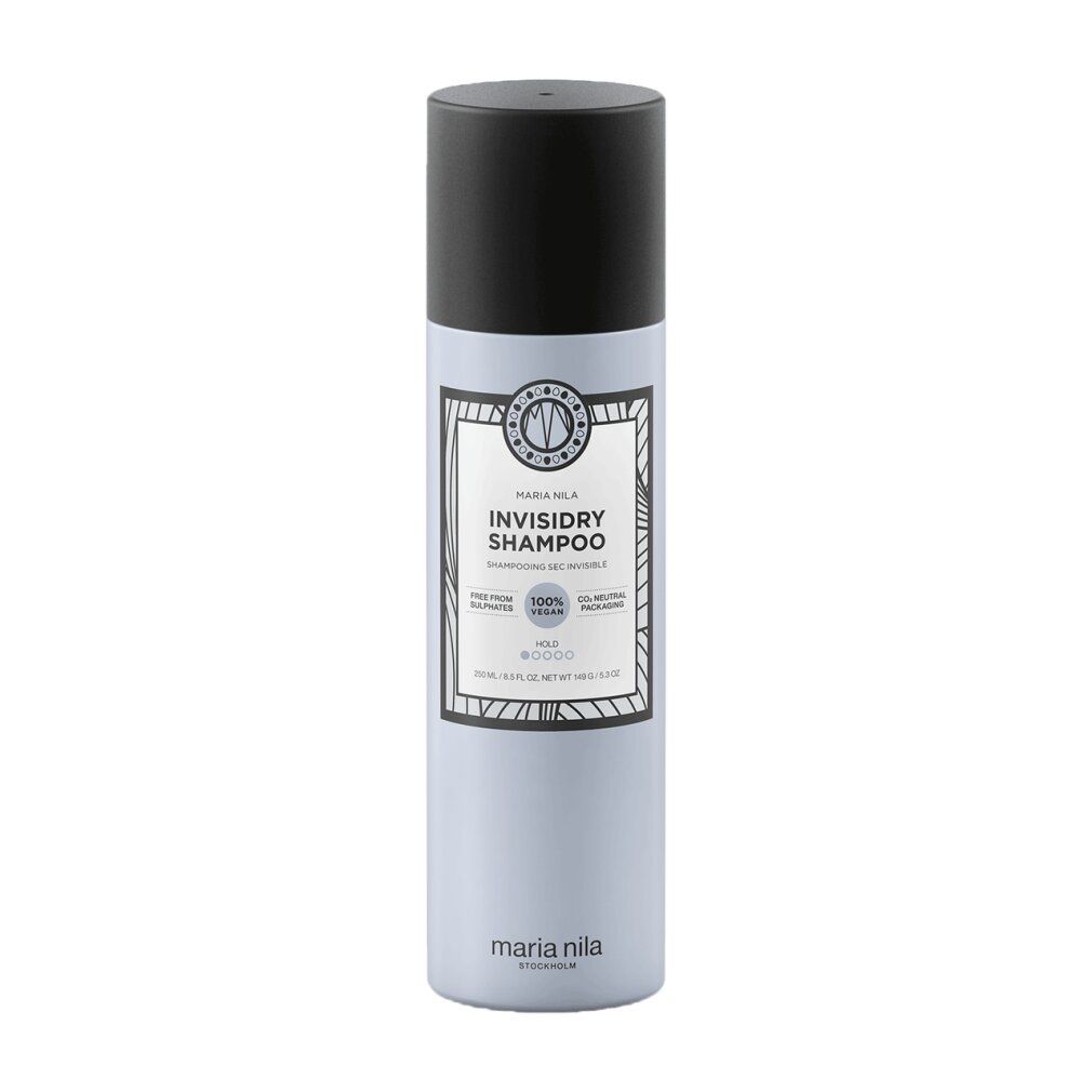 Maria Nila Invisidry Shampoo. Flacone azzurro con tappo nero. Etichetta con logo e testo. Vegano, senza glutine.