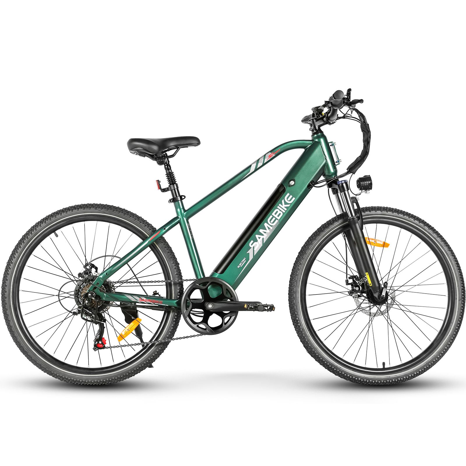 E-MTB verde, telaio nero. Marchio SAMEBIKE. Freni a disco, pneumatici neri.