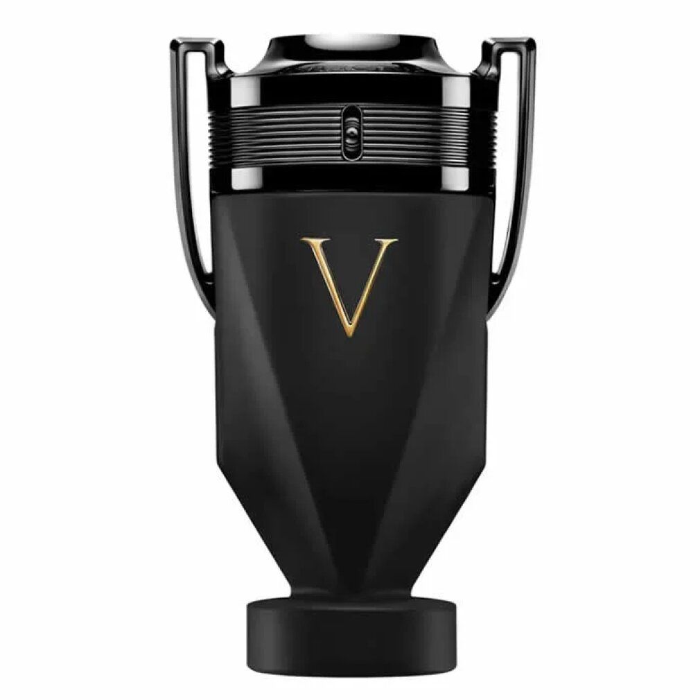 Flacone nero a forma di trofeo con "V" dorata. Tappo nero con dettagli argentati.