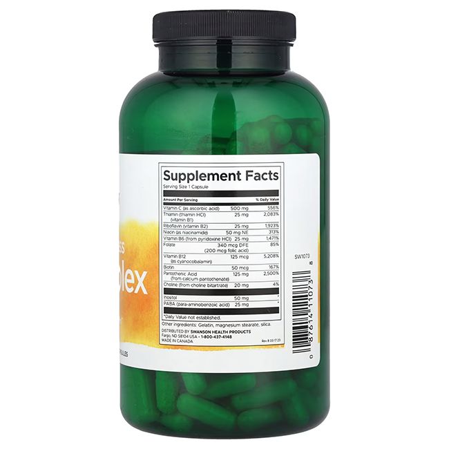 Capsule verdi in bottiglia verde. Etichetta con informazioni nutrizionali. Contiene vitamina C e complesso B. Prodotto in Canada.