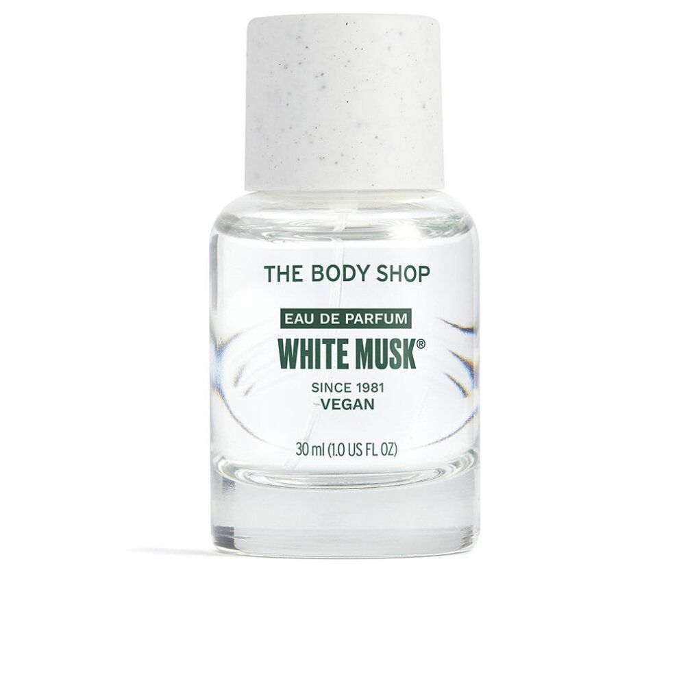 Flacone di profumo con tappo bianco. Scritta: White Musk, Vegan. Marchio: The Body Shop. 30 ml.