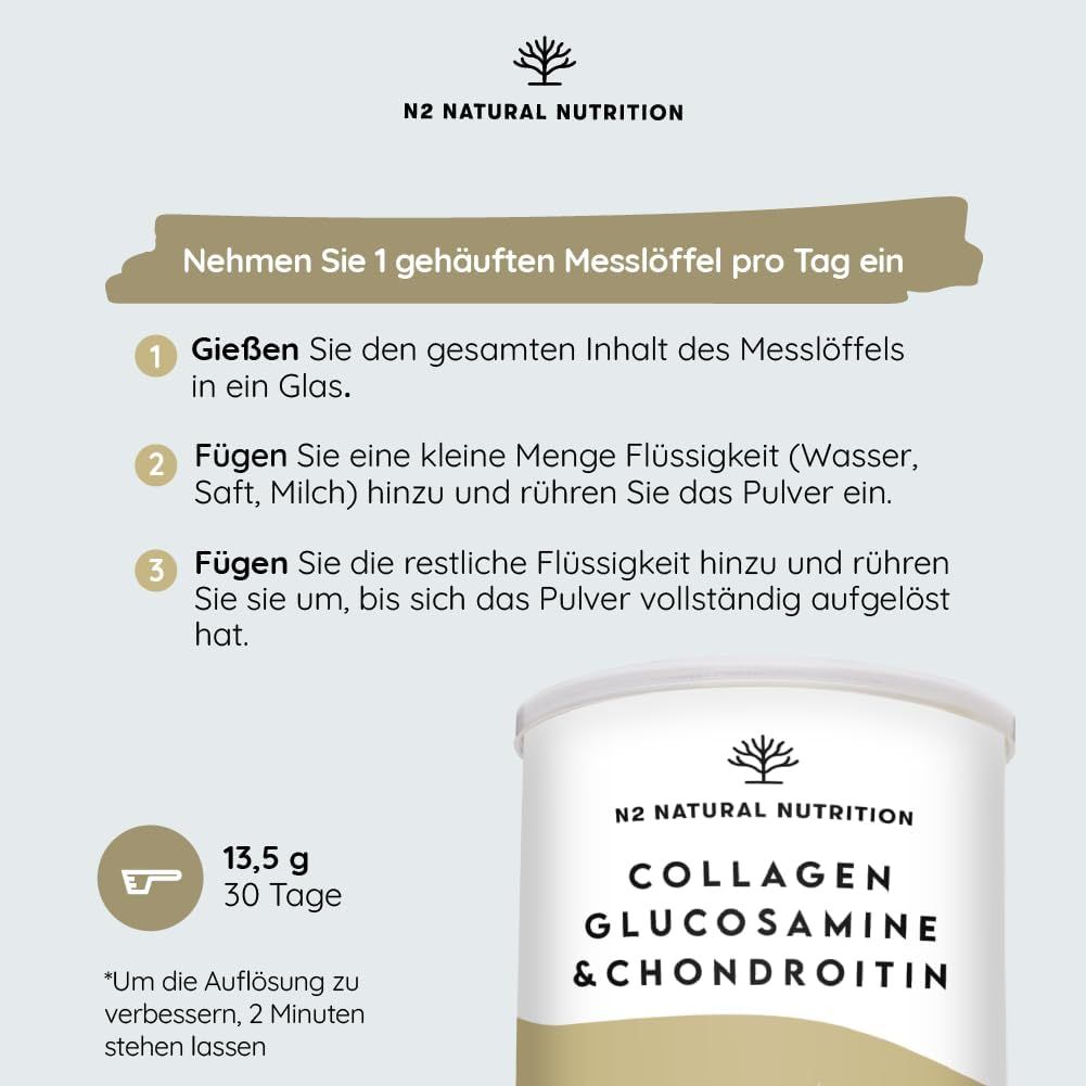 Istruzioni per l'assunzione di N2 Natural Nutrition Collagen Glucosamine & Chondroitin. 3 passaggi con testo.