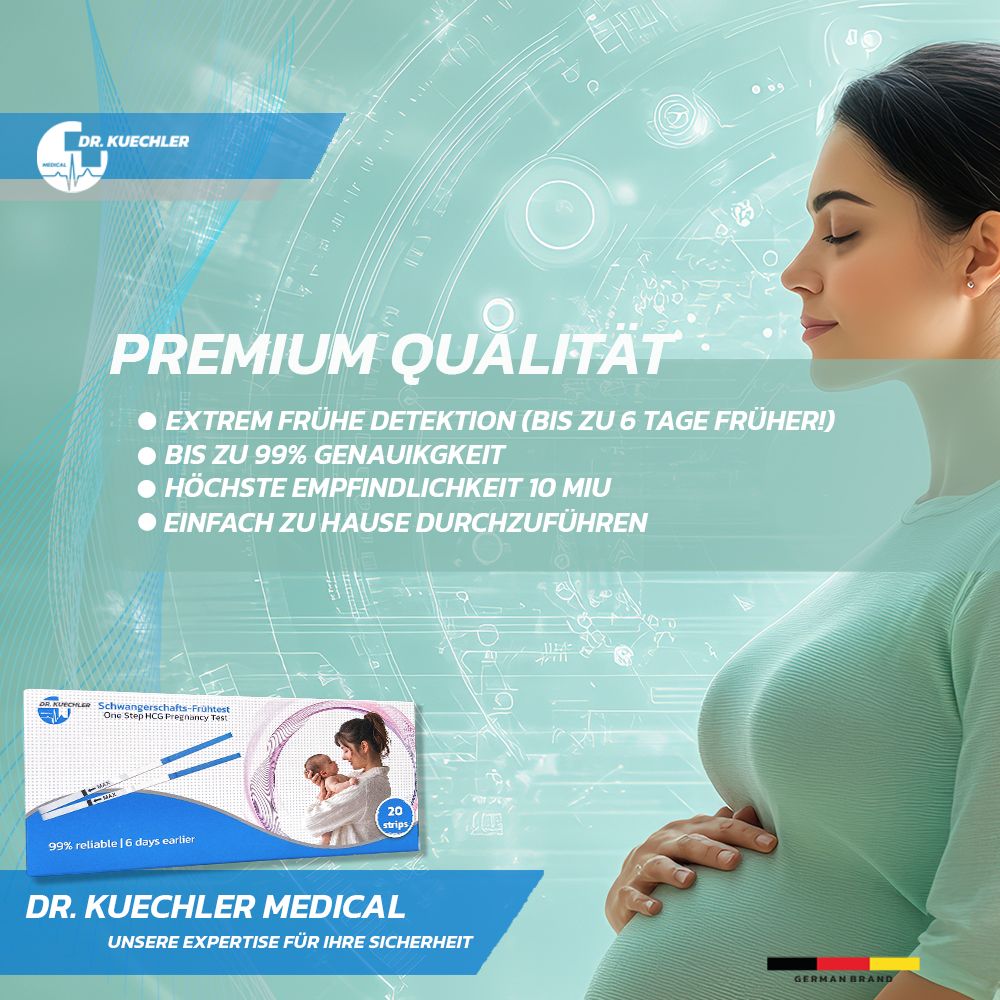 Donna incinta di profilo. Confezione di test di gravidanza. "Qualità Premium", "Rilevamento precoce".