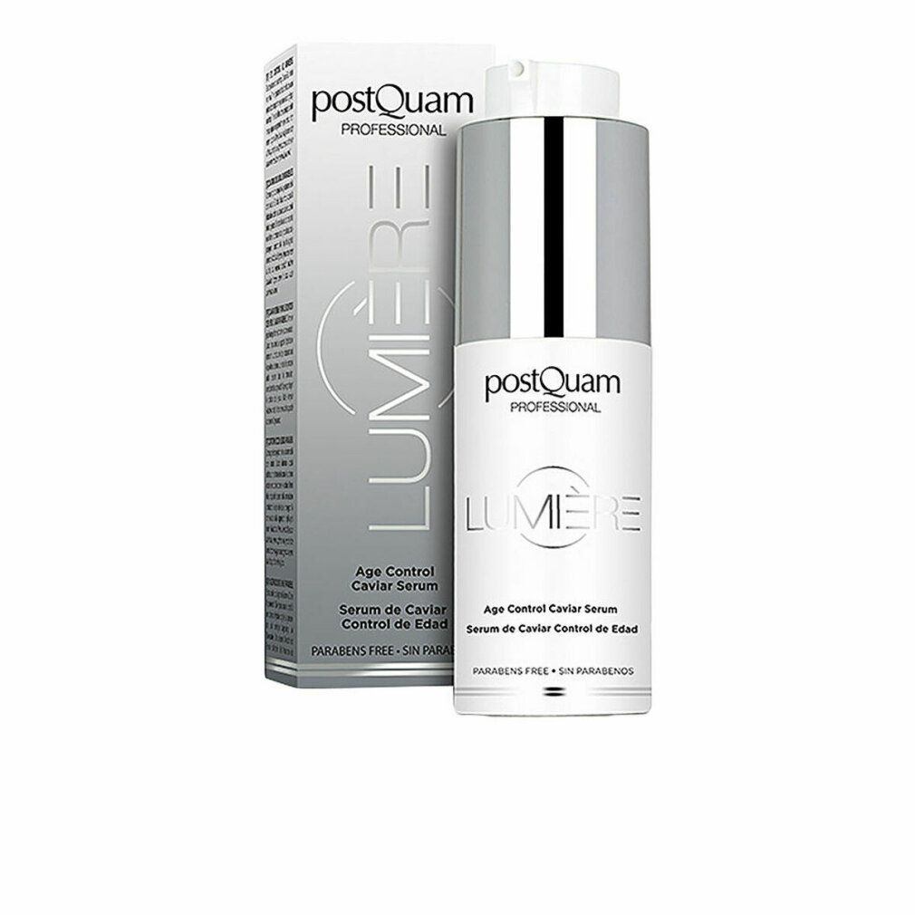 Flacone di siero e confezione. Scritta: Postquam Lumière Age Control Caviar Serum. Senza parabeni.