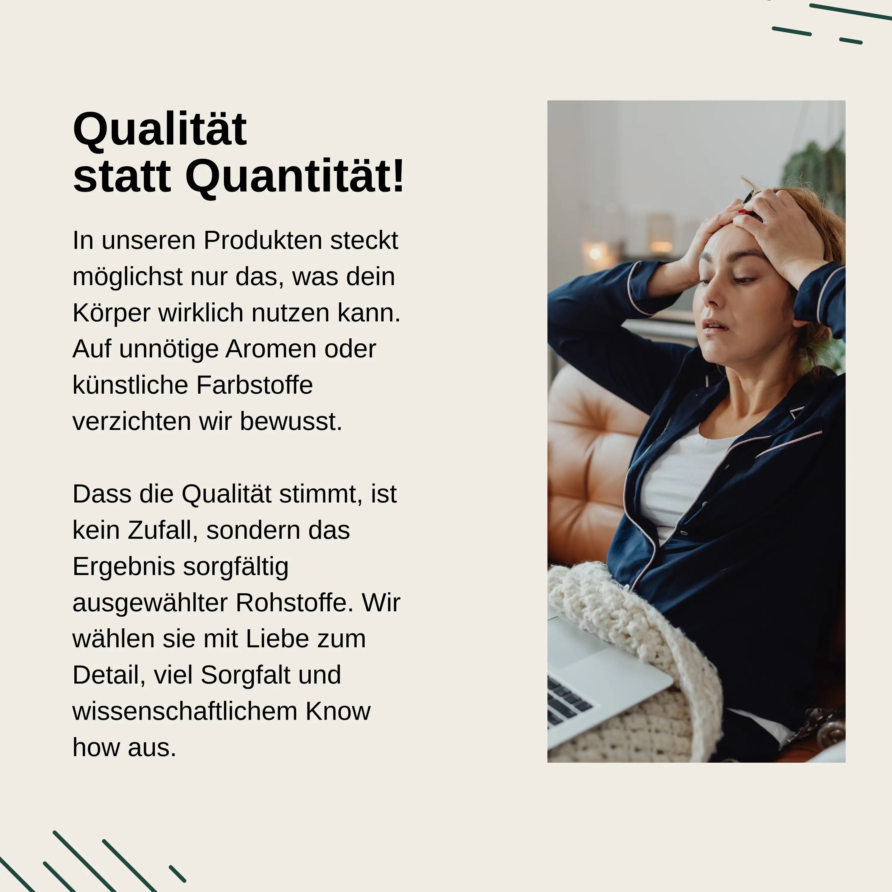 Donna con mal di testa accanto al testo sulla qualità anziché quantità dei prodotti Vita Elements.