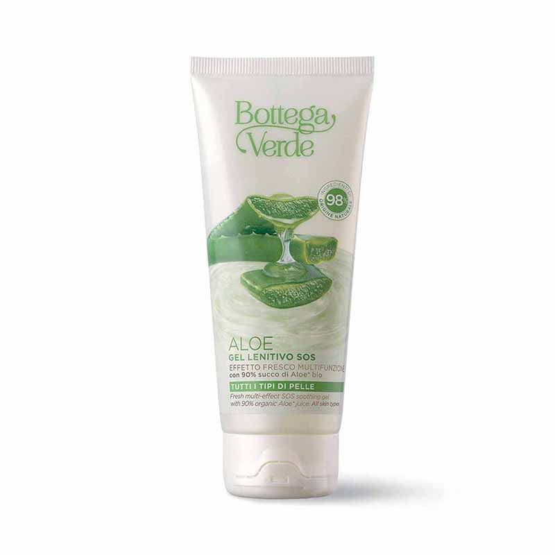 Tubo di gel lenitivo Bottega Verde Aloe. Immagine di aloe vera. Confezione bianca e verde. Scritta "Gel lenitivo SOS".