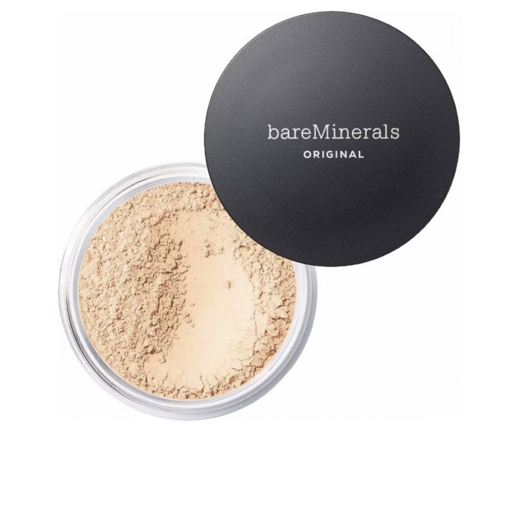 Bareminerals Original Foundation. Vasetto aperto con polvere libera. Coperchio nero con scritta bianca. Tonalità chiara.