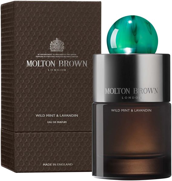 Scatola e flacone marrone scuro. Flacone con tappo argentato e chiusura verde. Scritta: Molton Brown, Wild Mint & Lavandin.