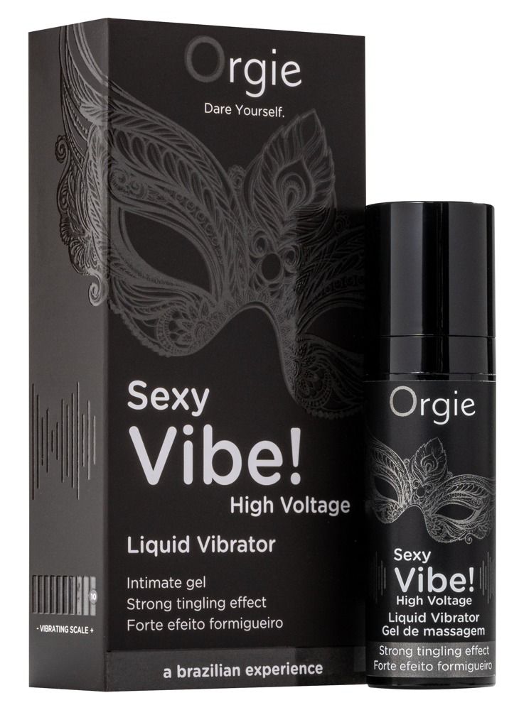 Orgie Sexy Vibe! High Voltage Liquid Vibrator in confezione e flacone neri.