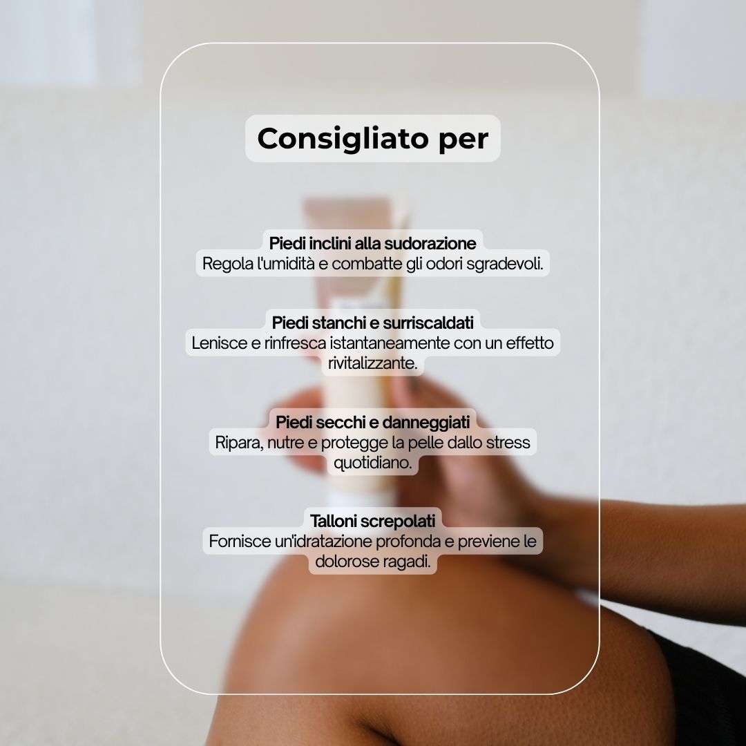 Testo: Consigliato per: piedi secchi e danneggiati, talloni screpolati, piedi inclini alla sudorazione, piedi stanchi e surriscaldati.