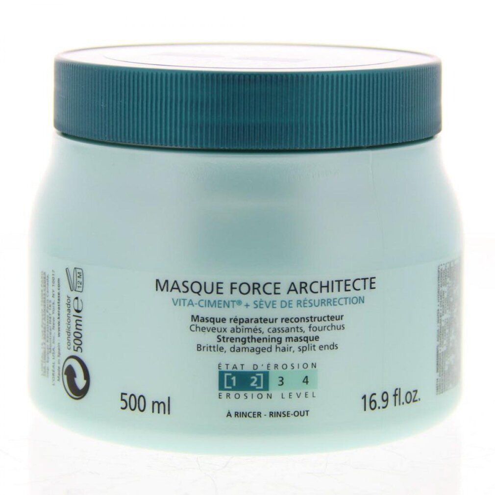 Vaso azzurro con coperchio blu. Scritta: Masque Force Architecte, 500ml, 16.9 fl.oz. Livello di erosione 1-4.