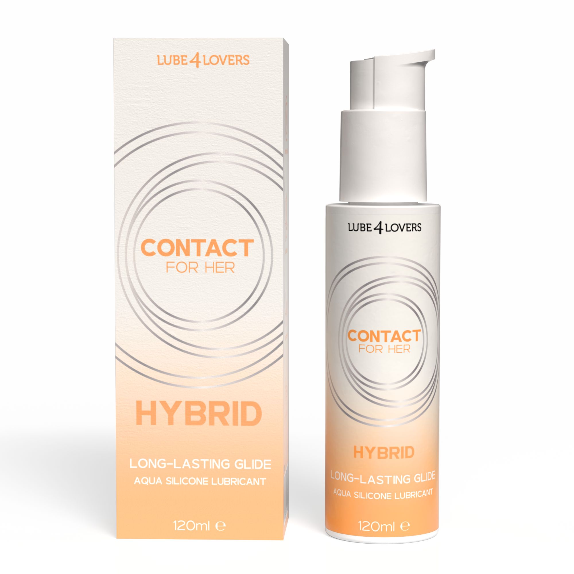 Flacone e confezione con testo: CONTACT FOR HER, HYBRID, LONG-LASTING GLIDE, AQUA SILICONE LUBRICANT. Marchio: LUBE 4 LOVERS. Sfumatura bianco-arancio.