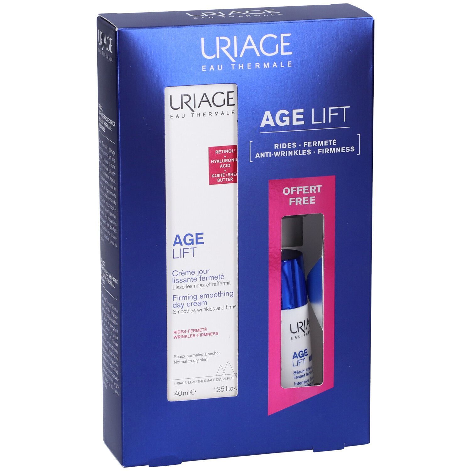 Set regalo Uriage Age Lift. Contiene crema e siero. Confezione blu con nome e logo del prodotto.