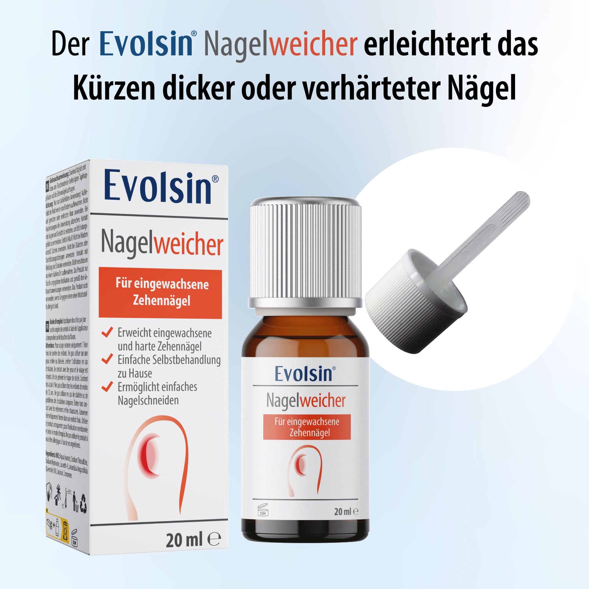 Flacone Evolsin Nagelweicher e applicatore. Liquido marrone, tappo bianco. 20 ml.
