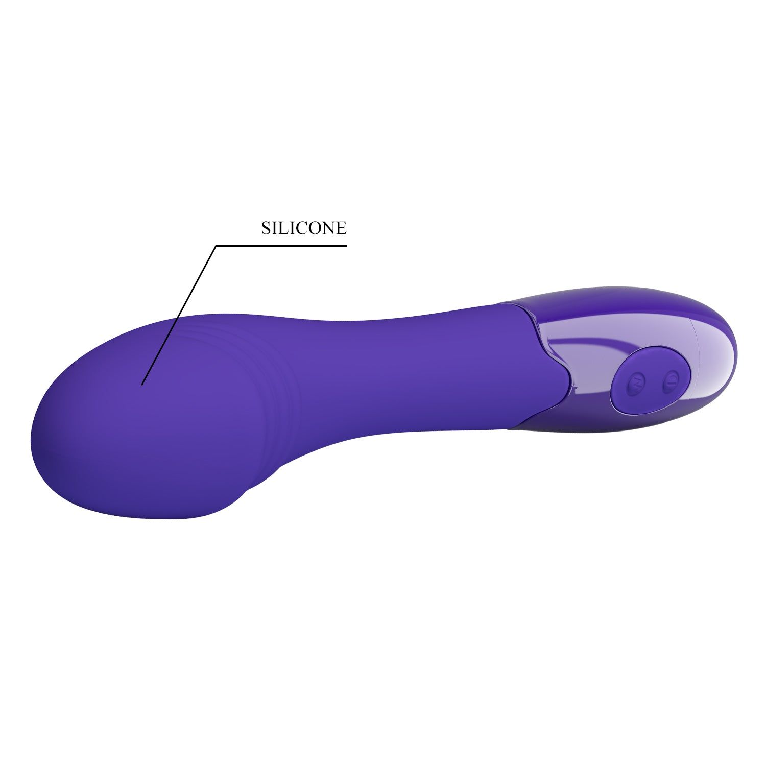 Vibratore viola. Testo SILICONE. Forma curva. Zona trasparente. Su sfondo bianco.