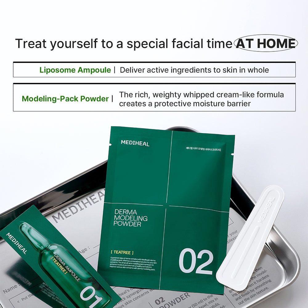 Confezione di MEDIHEAL Derma Modeling Pack. Fiala e bustina di polvere. Accessorio: spatola. Nome e marchio del prodotto visibili.