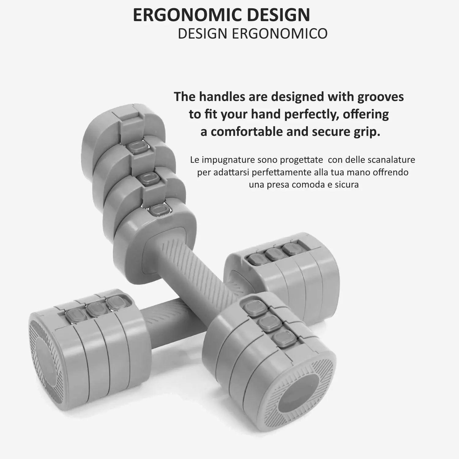 Manubrio grigio regolabile. Testo: 'ERGONOMIC DESIGN'. Le impugnature sono scanalate per una presa sicura. Diversi dischi di peso.