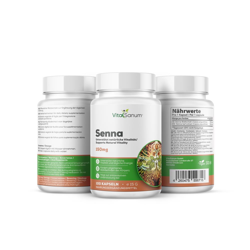 Tre flaconi di capsule VitaSanum Senna. Scritta: Senna, 150mg, 100 capsule. Retro con informazioni nutrizionali.