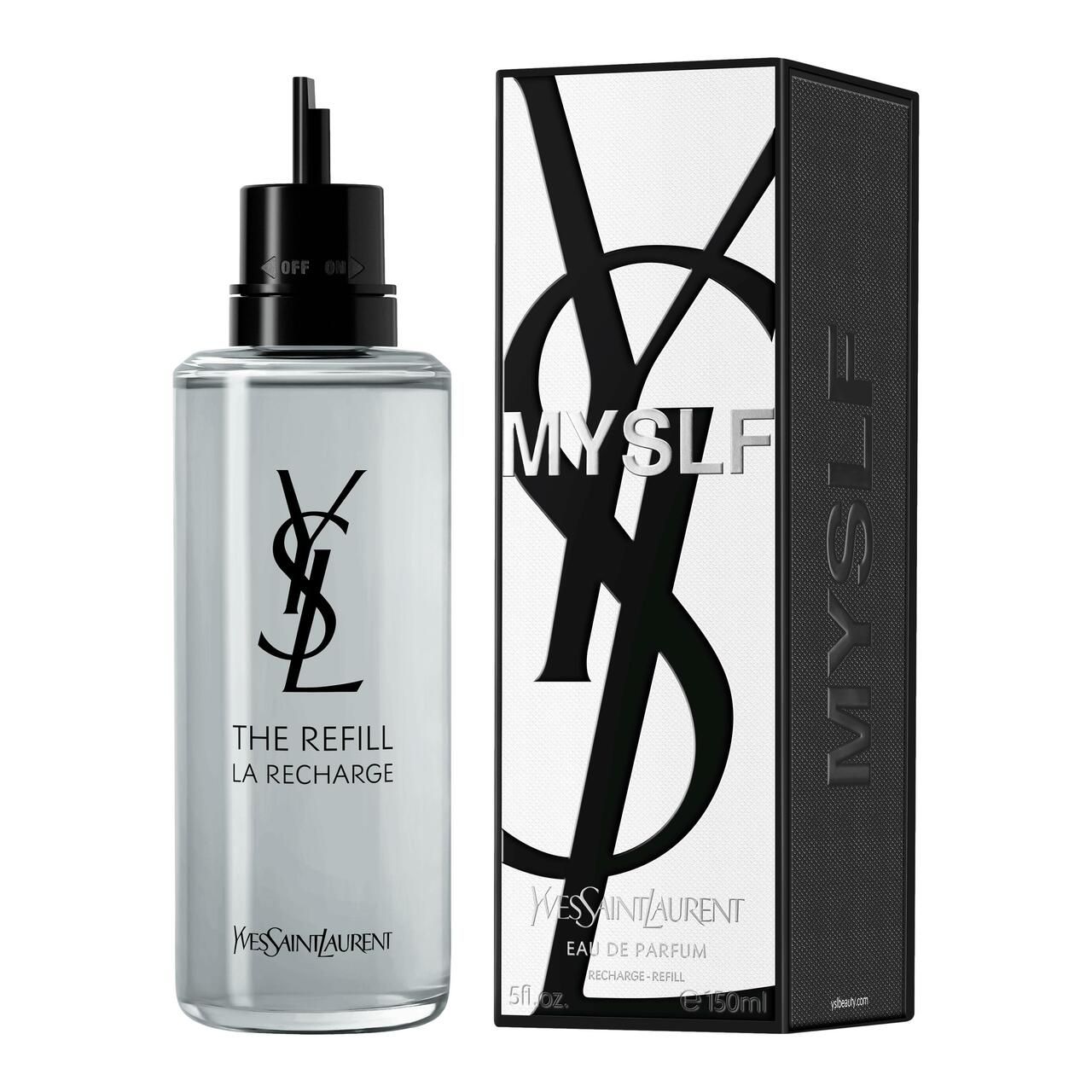 Flacone e confezione. Flacone con tappo nero, confezione con logo YSL e scritta MYSLF.