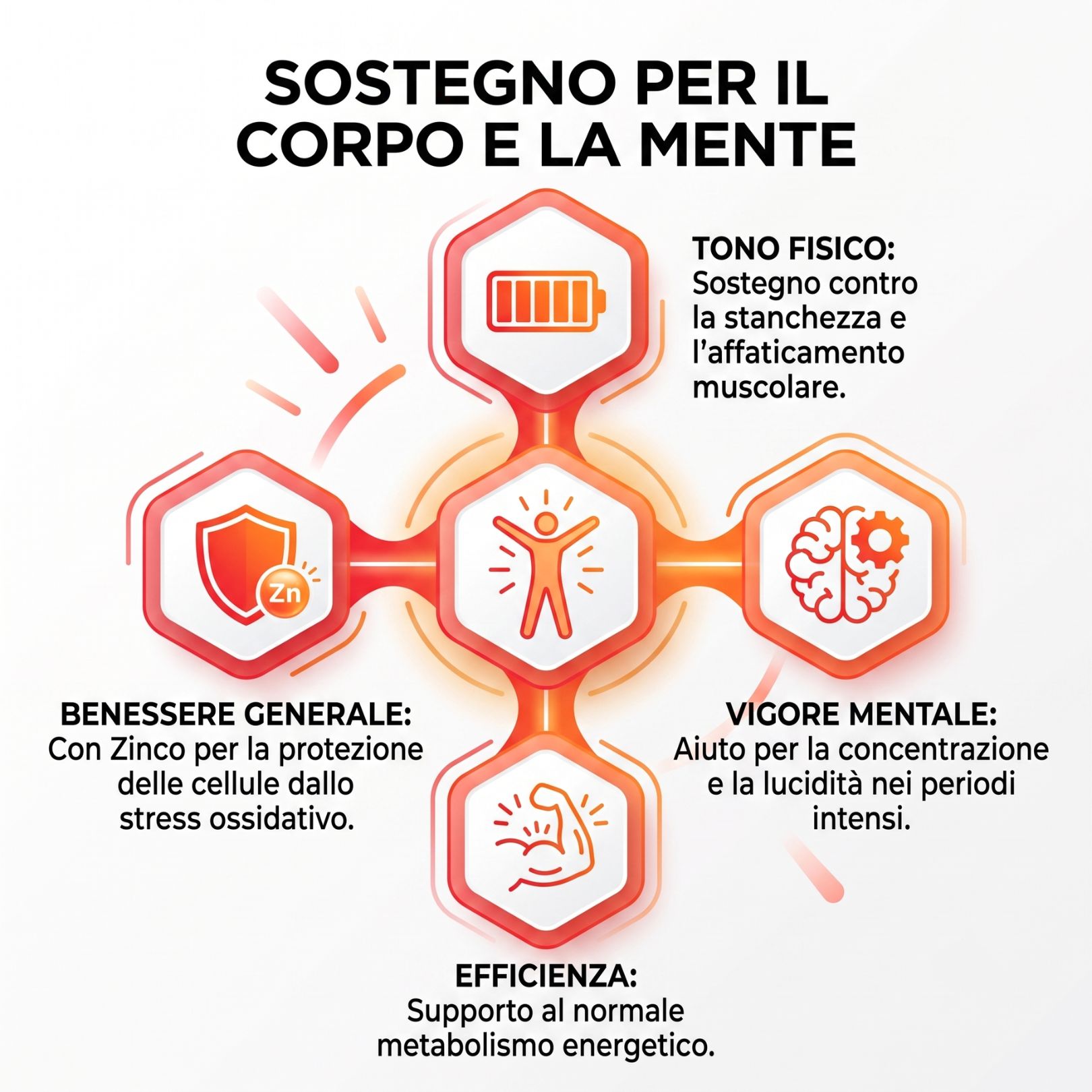 Grafica di supporto per corpo e mente: Energia fisica, benessere generale con zinco, vitalità mentale.