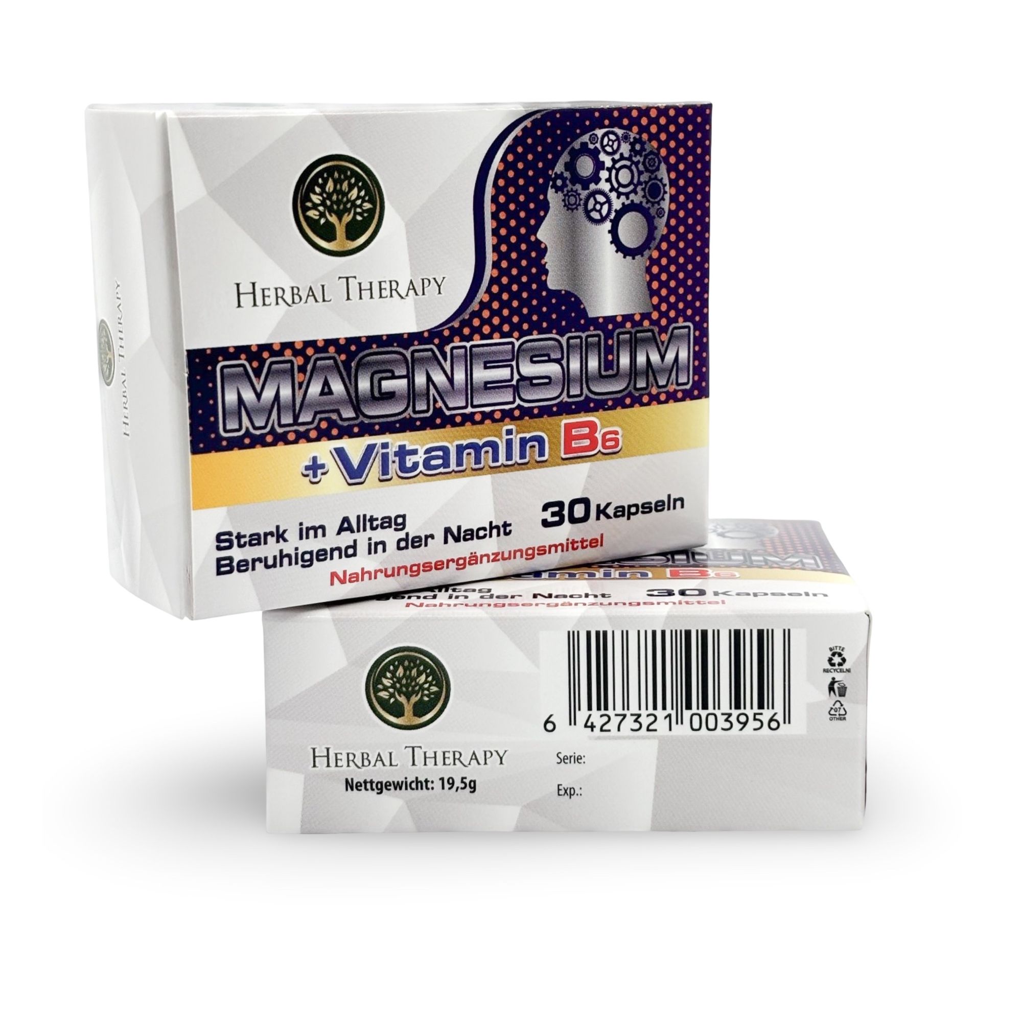 Due confezioni Herbal Therapy Magnesium + Vitamina B6. 30 capsule. Logo, testo in tedesco. Codice a barre e peso netto 19,5g.
