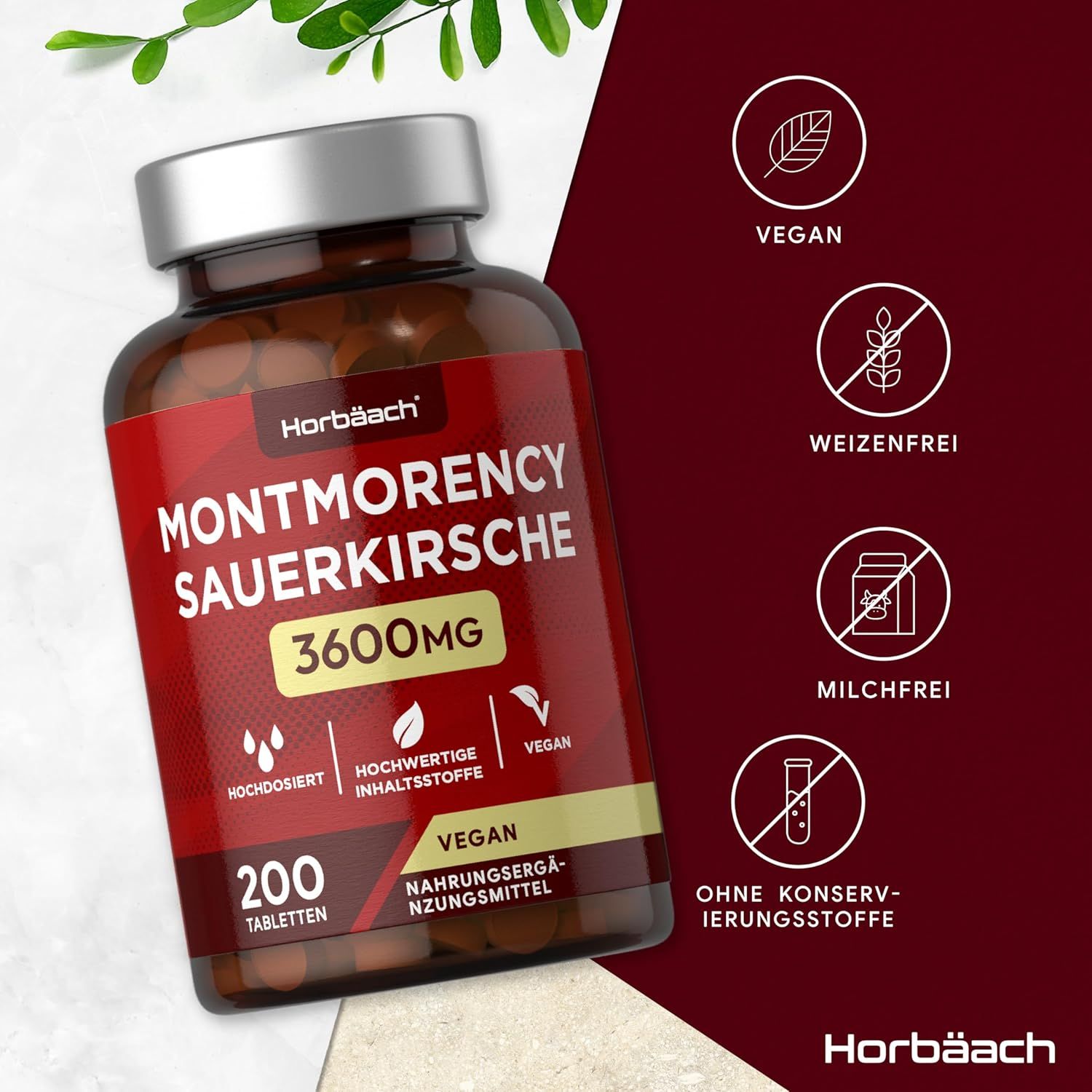 Flacone di compresse con etichetta rossa. Vegano, senza glutine, senza latte, senza conservanti. Horbaach Montmorency.