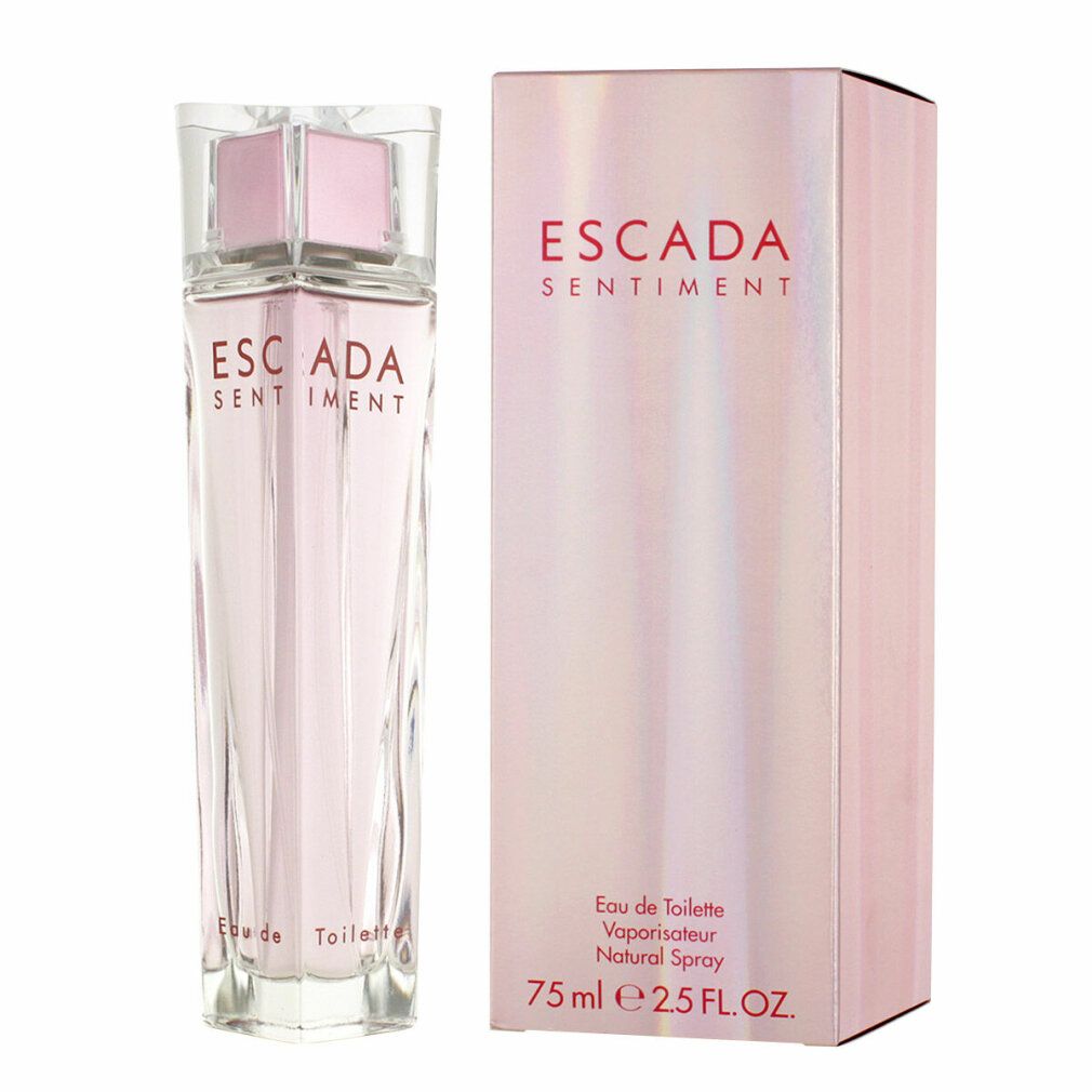 Flacone e confezione Escada Sentiment EdT. Liquido rosa nel flacone di vetro. Confezione rosa con testo.