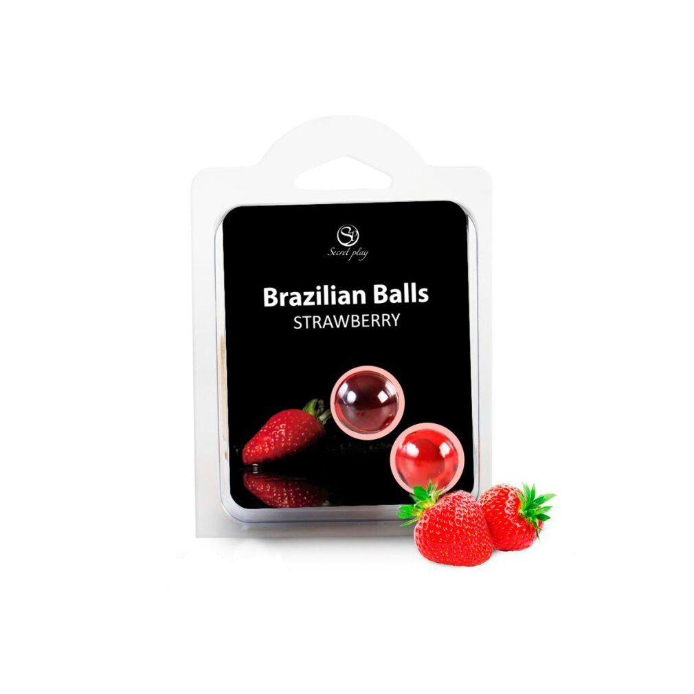 Confezione con due sfere rosse e fragole. Scritta: Brazilian Balls Strawberry. Marchio: Secretplay.