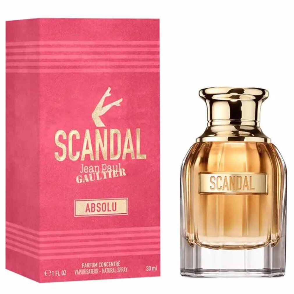 Flacone di profumo e confezione. Flacone con tappo dorato, scritta Scandal. Confezione rosa con scritta Scandal Absolu.