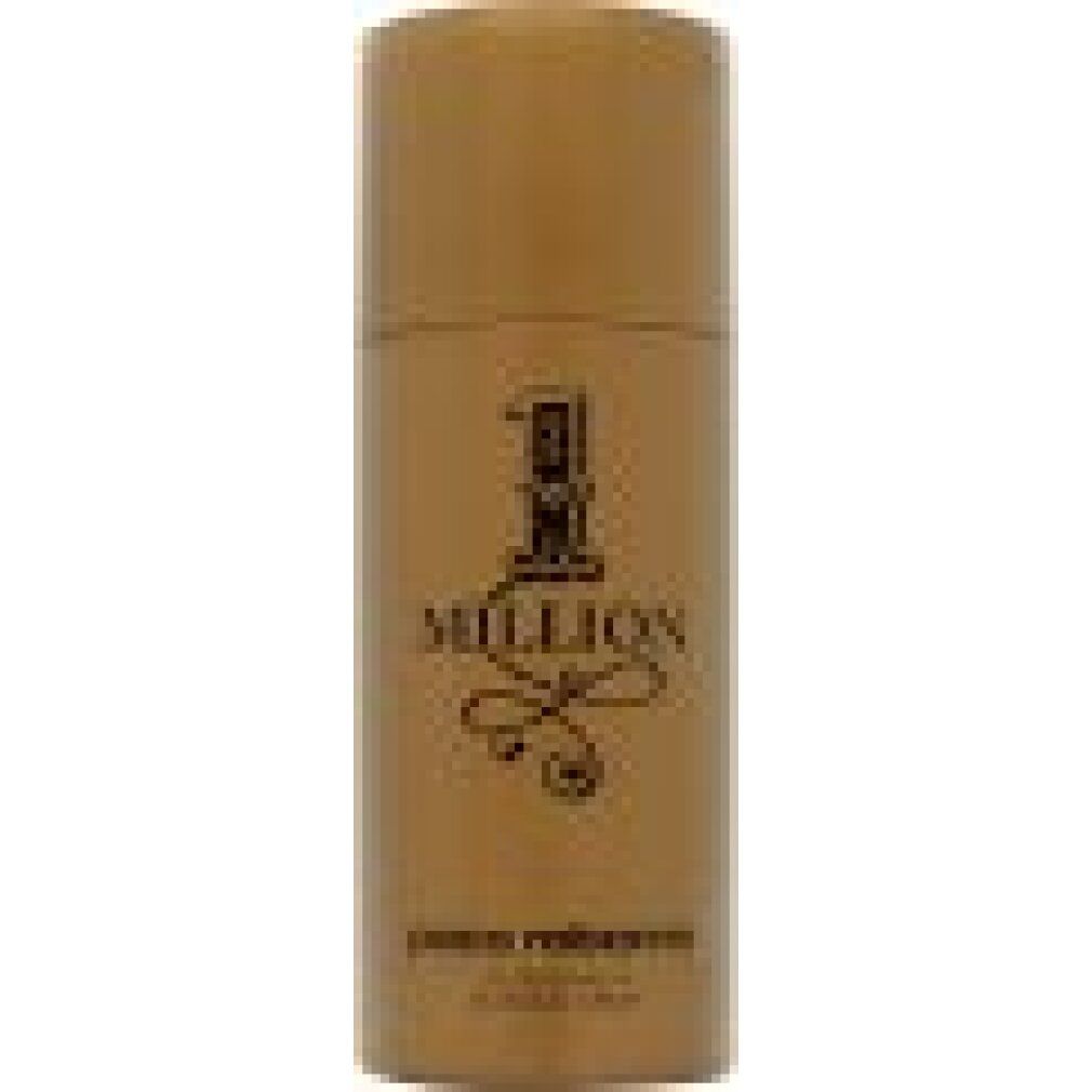 Bomboletta spray deodorante dorata con logo nero "1 Million". Visibili "paco rabanne" e "DEODORANT".