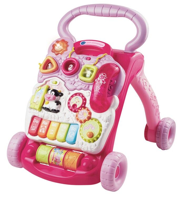 Carrello primi passi rosa Vtech con maniglia, tasti, cornetta e ruote. Elementi colorati.