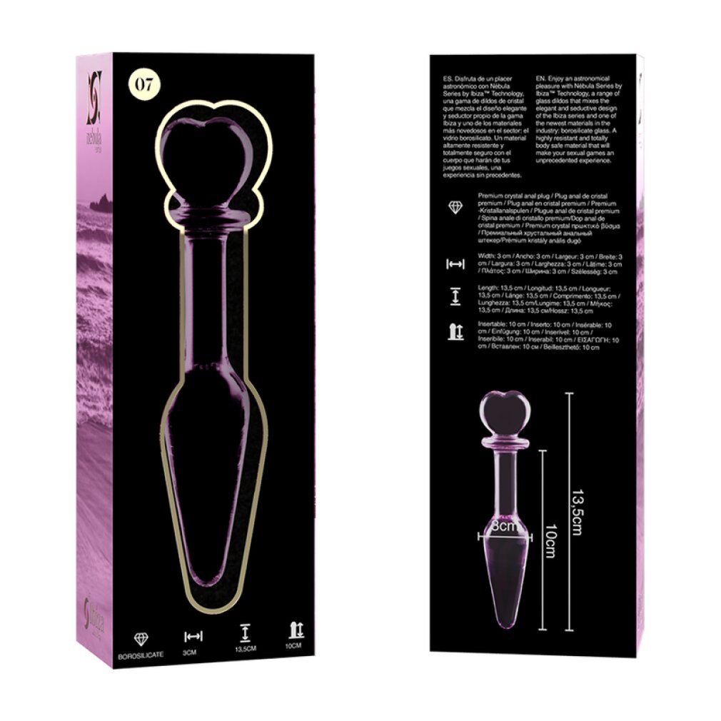 Confezione e spina anale in vetro rosa con punta a cuore.