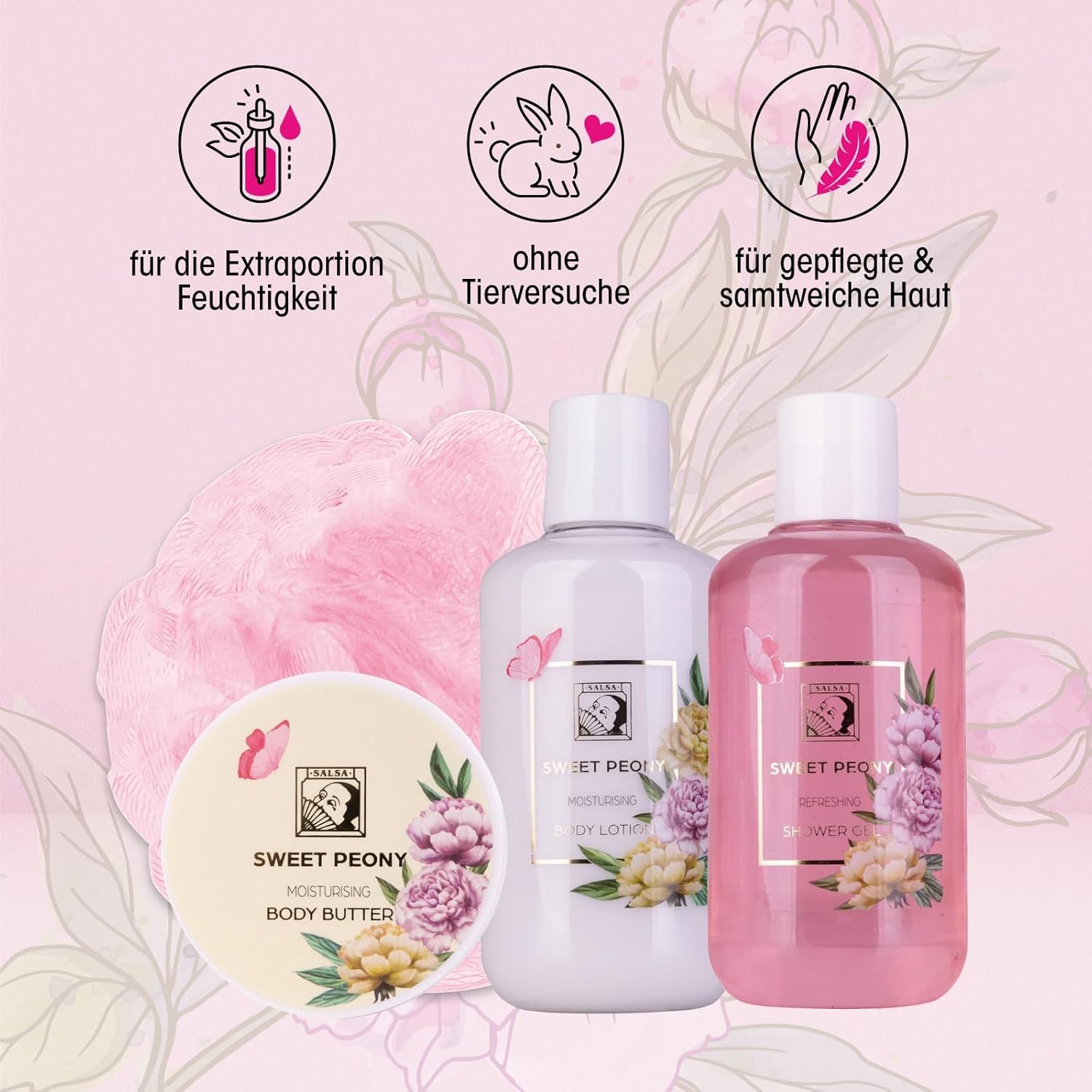 Tre prodotti: lozione per il corpo, gel doccia e burro corpo. Stampa: Sweet Peony. Simboli: idratazione, cruelty-free, pelle morbida.