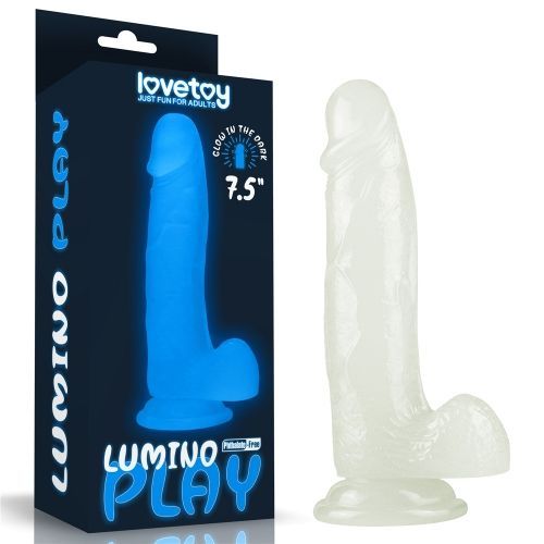 Confezione e prodotto: scatola nera e dildo bianco. La scatola mostra un design dildo blu brillante.