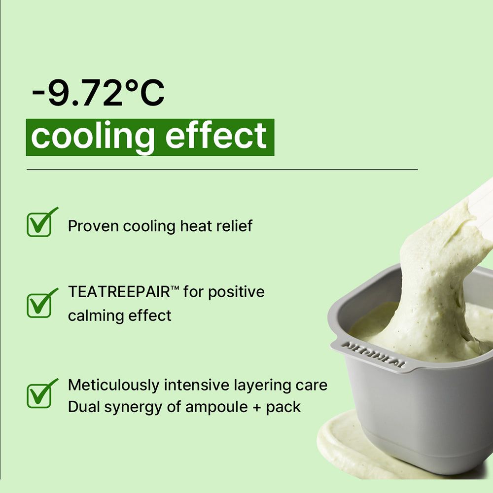 Prodotto in un contenitore. Testo: Effetto rinfrescante, Teatree Repair. Nome del prodotto non visibile.