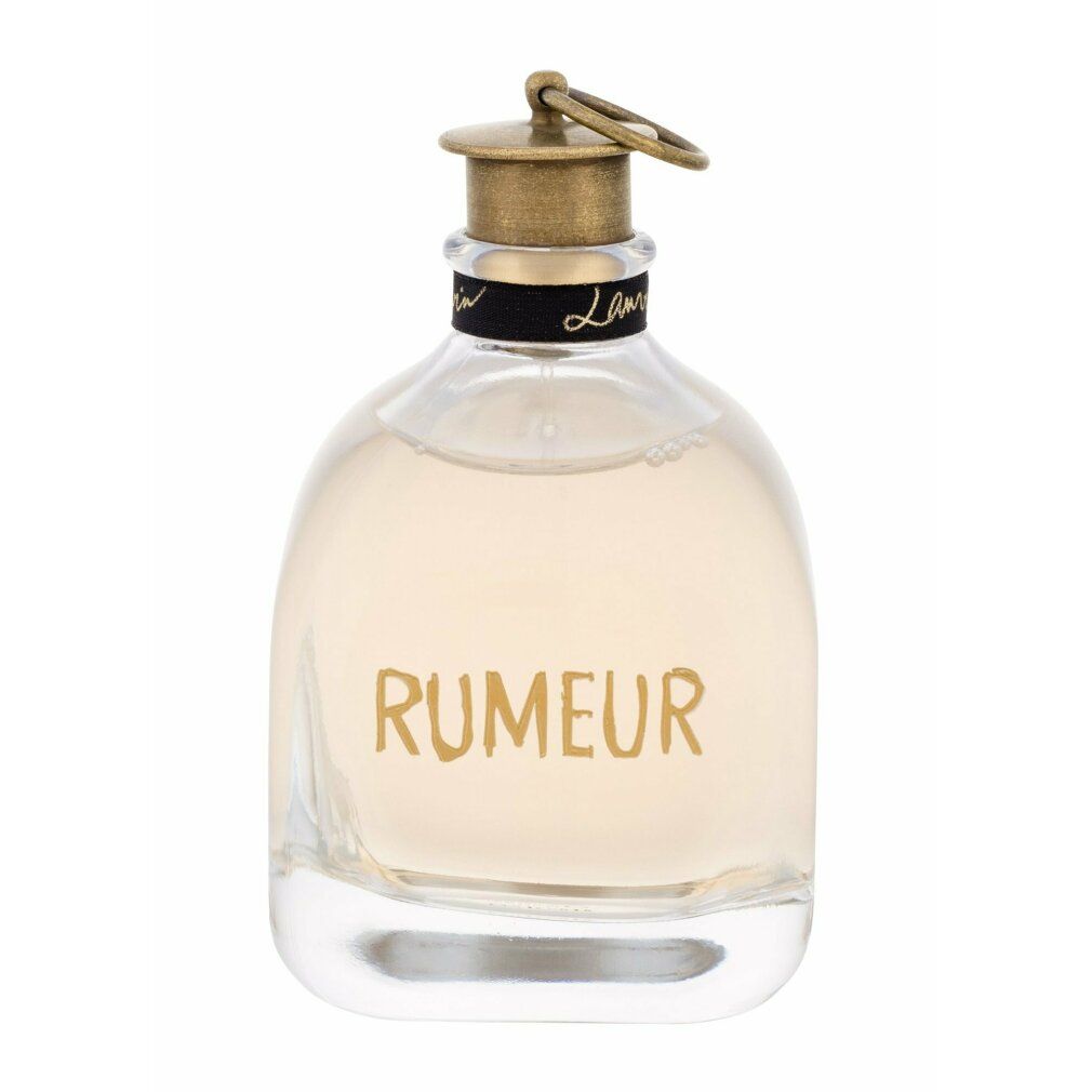 Flacone di profumo con tappo dorato e scritta RUMEUR. Flacone con liquido trasparente.