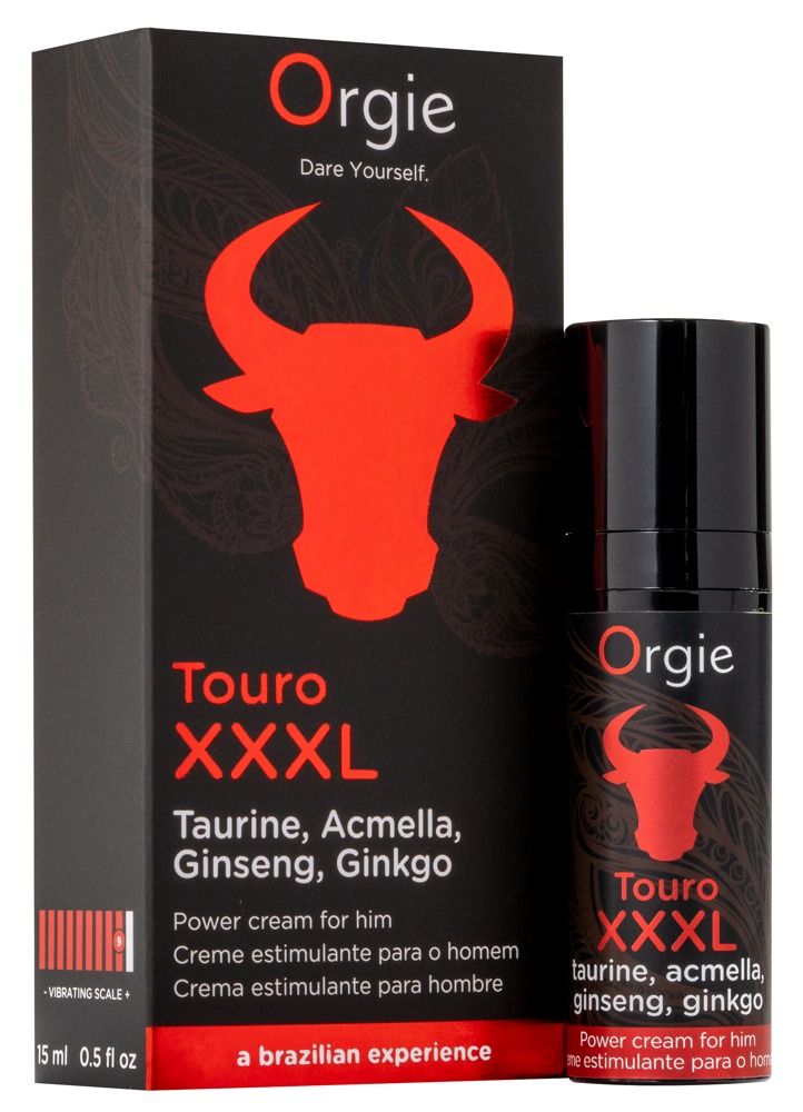 Confezione e flacone: Orgie Touro XXL Power Cream. Confezione nera con testa di toro rossa. Ingredienti: Taurina, Acmella, Ginseng, Ginkgo.