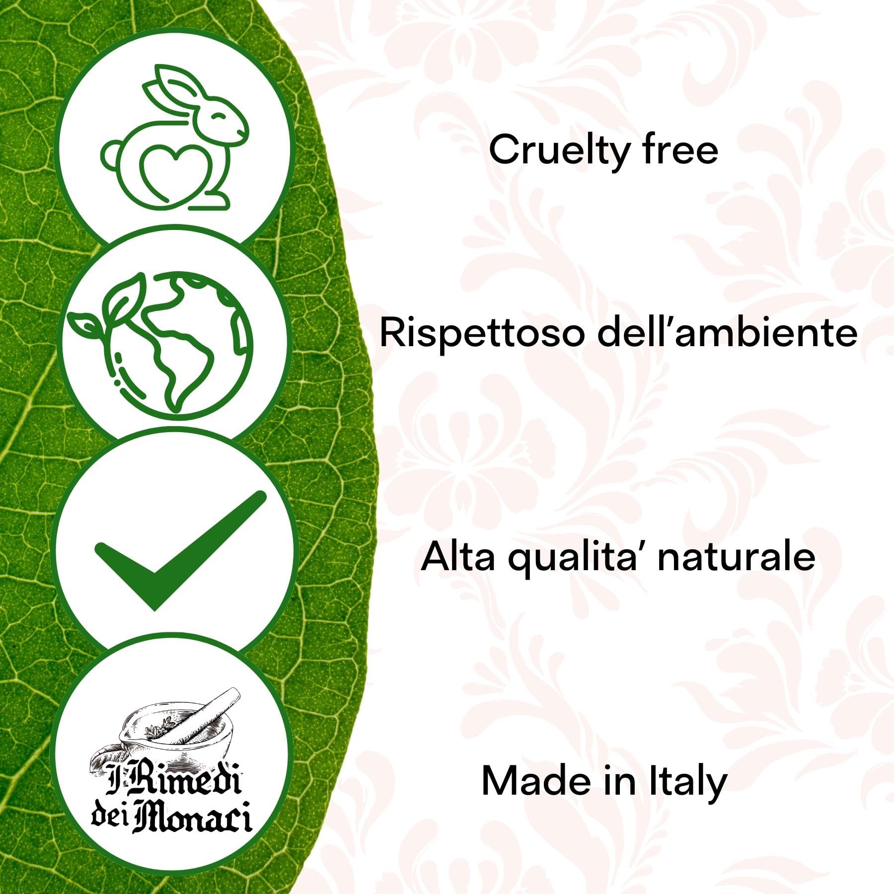 Simboli circolari con testo. Cruelty free, Rispetto dell'ambiente, Alta qualità naturale, Made in Italy. Logo: I Rimedi dei Monaci.