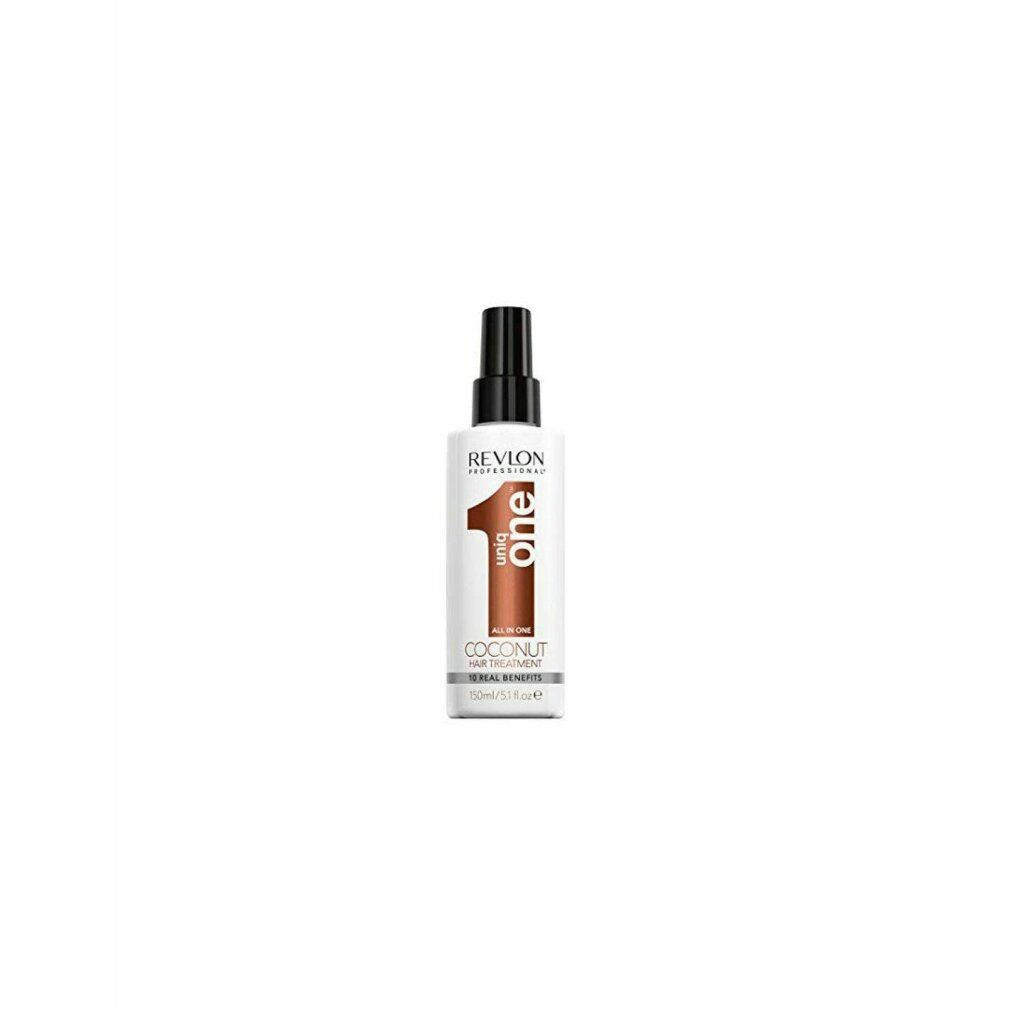 Spray bianco con erogatore nero. Scritta: Revlon Professional Uniq One Coconut Hair Treatment.