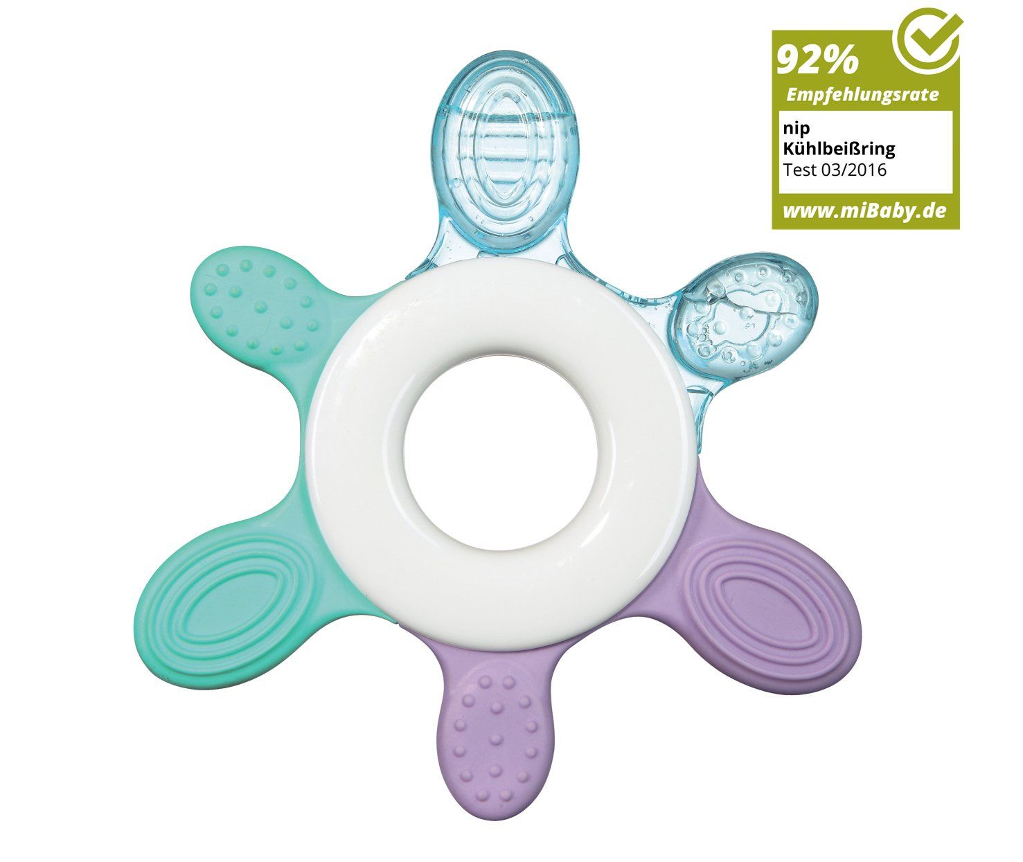 Anello refrigerante con sei elementi da mordere, blu, verde, viola e bianco. Testo: 92% tasso di raccomandazione.
