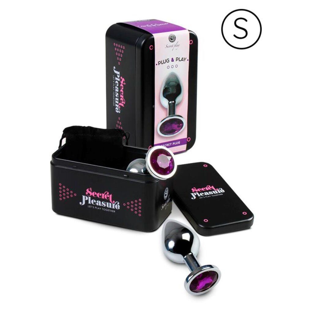 Set di plug anali in scatola metallica: un plug con pietra viola, un altro plug e una custodia.
