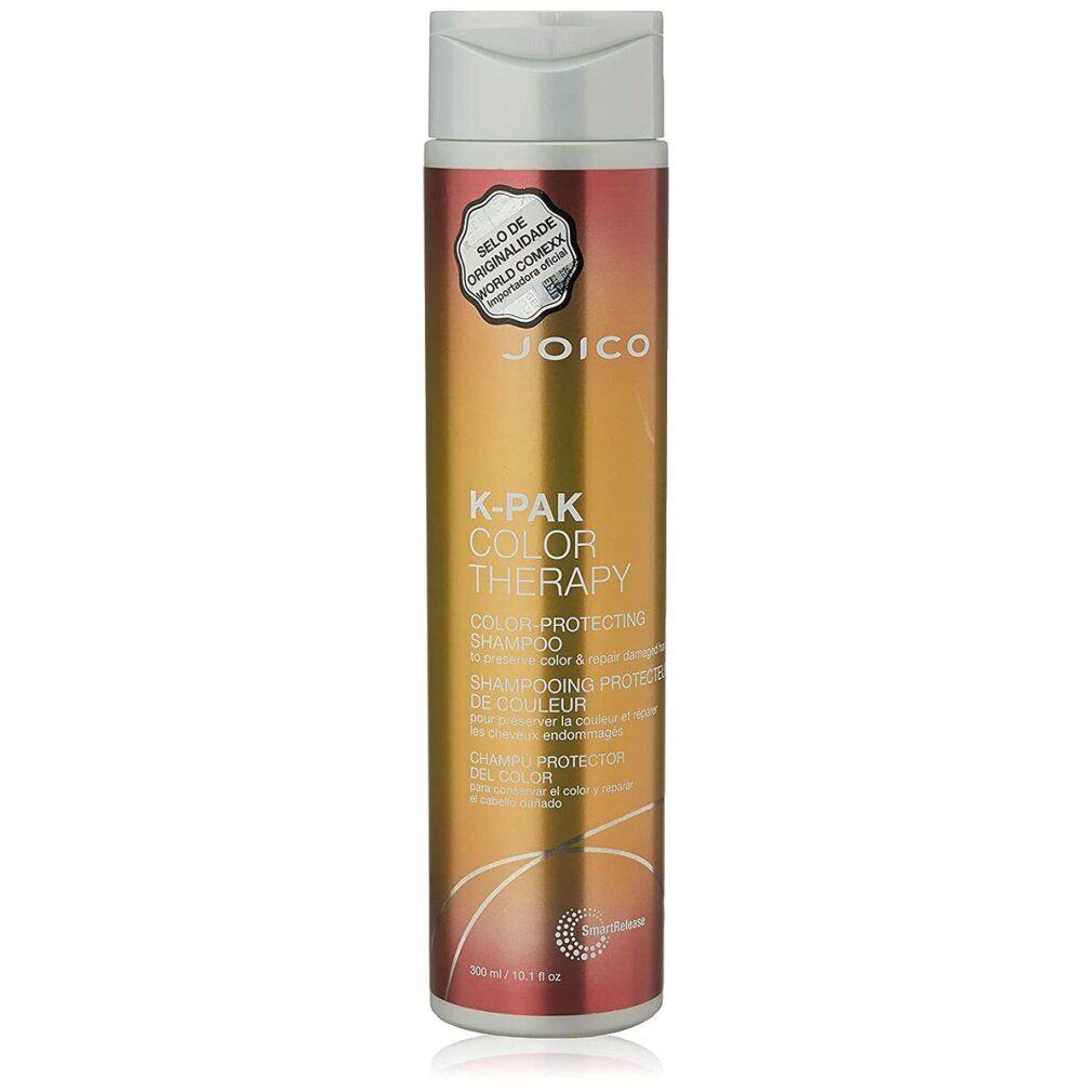 Shampoo Joico K-Pak Color Therapy. Flacone con tappo bianco. Etichetta dorata e rossa con nome e logo.