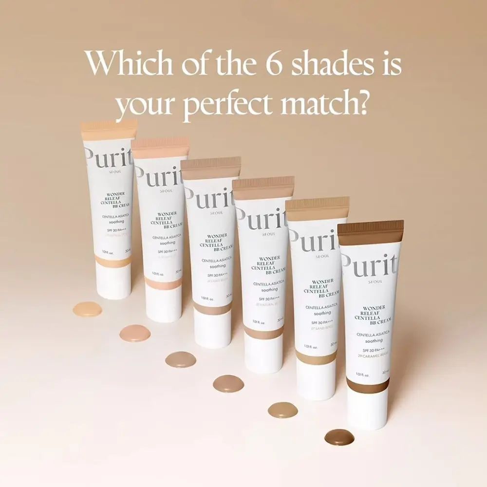 Sei tubi di PURITO Wonder Releaf Centella BB Cream in diverse tonalità. Campioni di colore sotto. Testo: Quale delle 6 tonalità è perfetta?