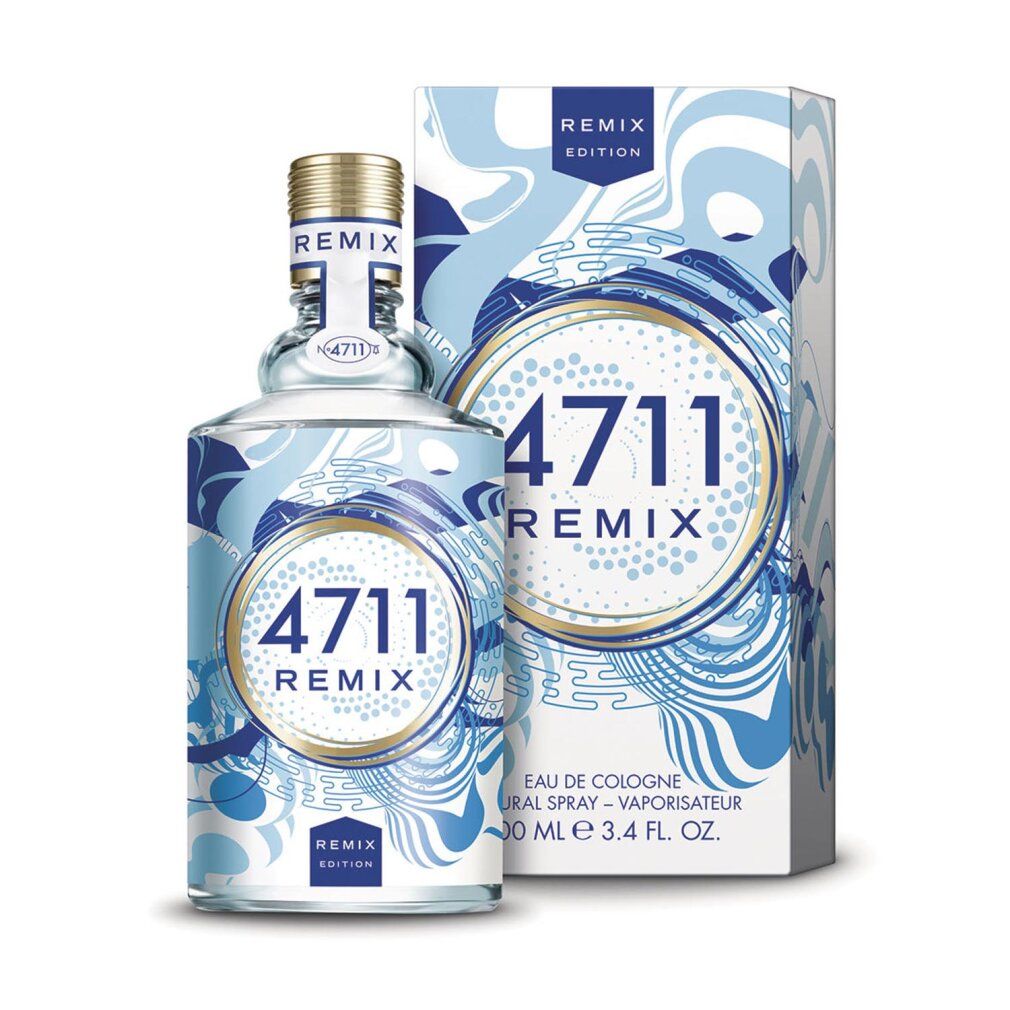 Flacone di vetro con confezione. Scritta: 4711 Remix. Confezione con motivo blu e bianco. Tappo dorato.