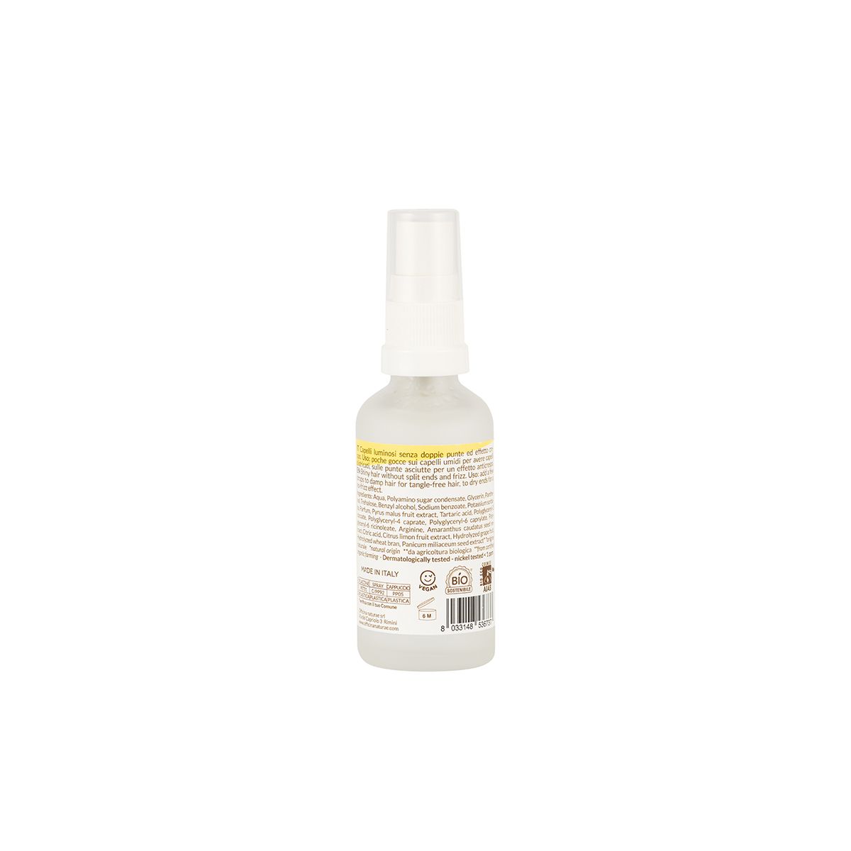 Retro di un flacone spray trasparente. Etichetta gialla con testo. Logo: ON. Certificazione biologica.