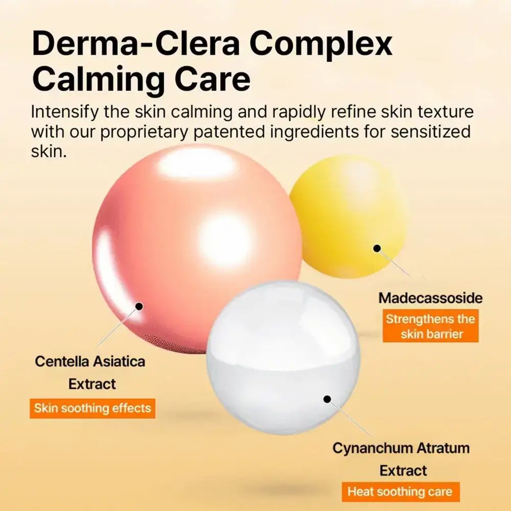 Tre sfere colorate con testo: "Derma-Clera Complex Calming Care", "Madecassoside", "Centella Asiatica Extract", "Cynanchum Atratum Extract".