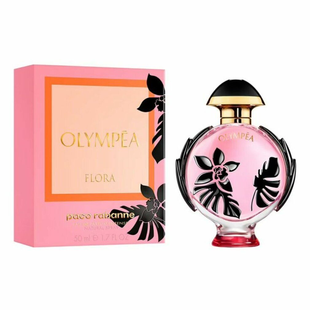 Scatola rosa e flacone. Flacone rotondo, liquido rosa, tappo nero. Motivi floreali neri. Scritta Olympéa Flora.