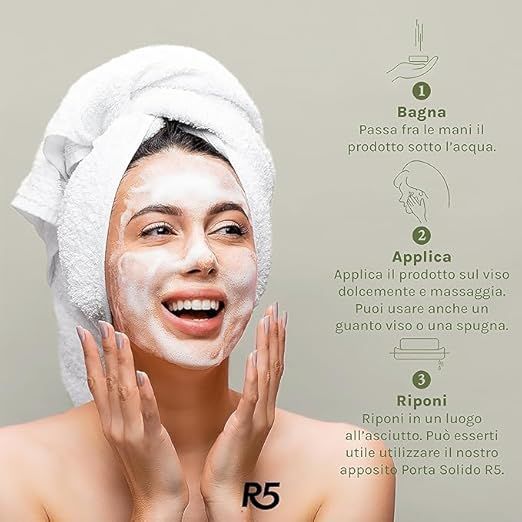 Donna con asciugamano, viso con prodotto. Logo R5 in basso a sinistra. Istruzioni in italiano.
